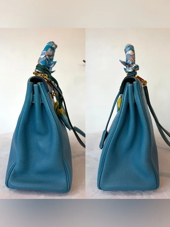 Hermes Kelly32 Retourne,Togo, BleuJean/Gold, box/duster/twilly, PRICE FIRM - Picture 5 of 17